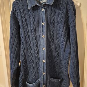 Blue Willi's vintage indigo cable knit button up cardigan sweater denim collar